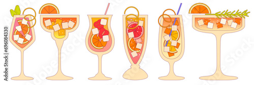 Vector flat illustration with gradient and outline. Alcoholic soft drink with citrus fruits. Cocktail drink in glass. Liquid in wine glass, hurricane glass, Margarita. Non-alcoholic beverage for bar