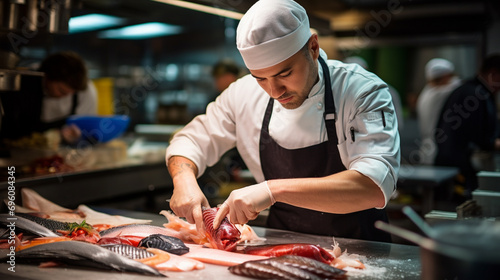 A male chef wearing a white apron and hat focuses intently as he cuts a piece of raw fish on a wooden table. The fish is a beautiful shade of red, and the chef's knife is sharp and gleaming. ai genera