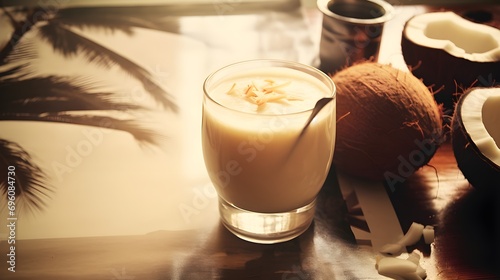 Authentic Coquito or Coconut Eggnog in a glass beaker. Christmas Latin American drink. Close-up photo