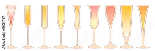 Vector flat illustration with gradient and outline. Alcohol refreshing drink. Champagne and wine in a glass. Cocktail beverage for celebration and bar