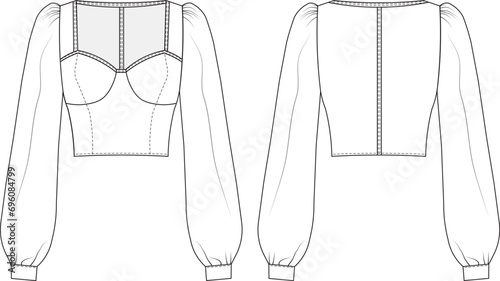 square neck long balloon sleeve zippered cropped blouse template technical drawing flat sketch cad mockup fashion woman design style model photo