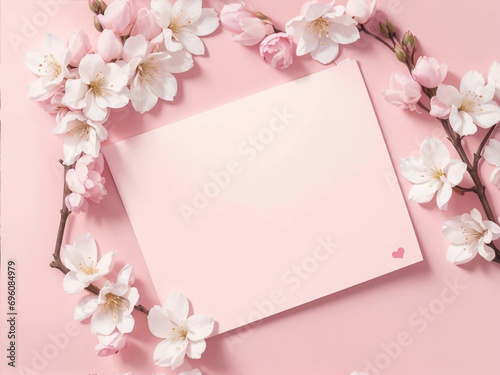 Blossom Elegance: A Springtime Flatlay with Flowers and Greeting Card