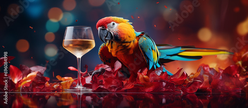 Multicolored exotic parrot near a glass on an abstract background