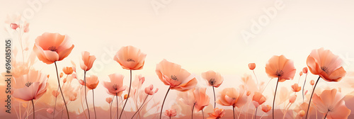 illustration of Floral background with pastel red orange flowers. summer Poppy flowers, Romantic Background Peach Fuzz color photo
