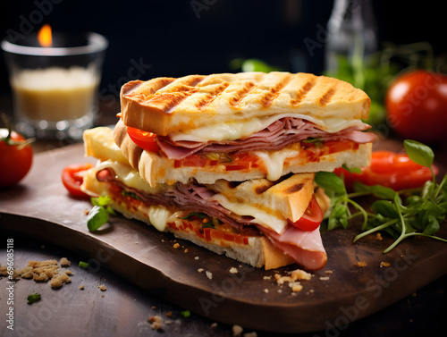 Delicious panini sandwich with ham and cheese on wooden table, blurry background 