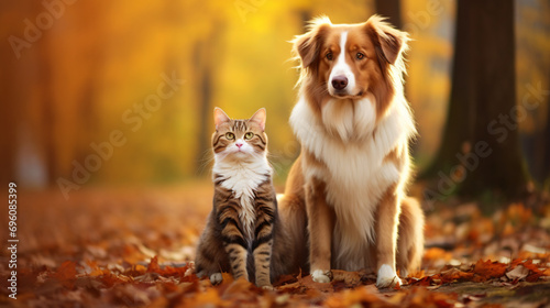 Cat and dog together in autumn park