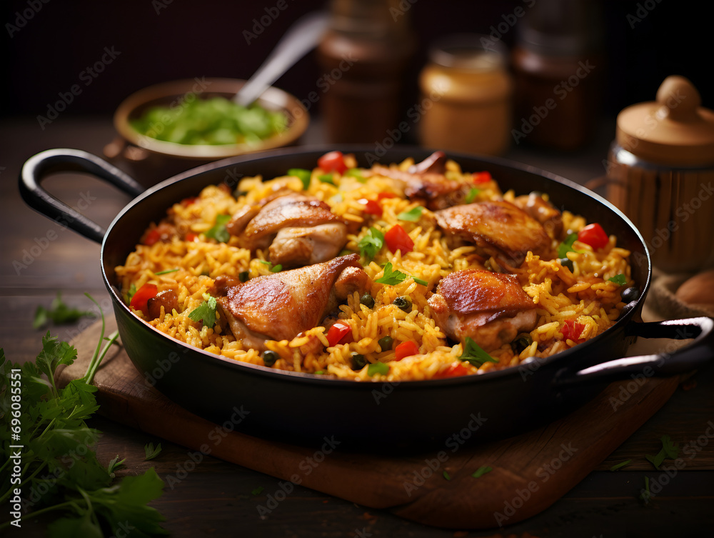 One pan chicken and rice dish with parsley on top, wooden table