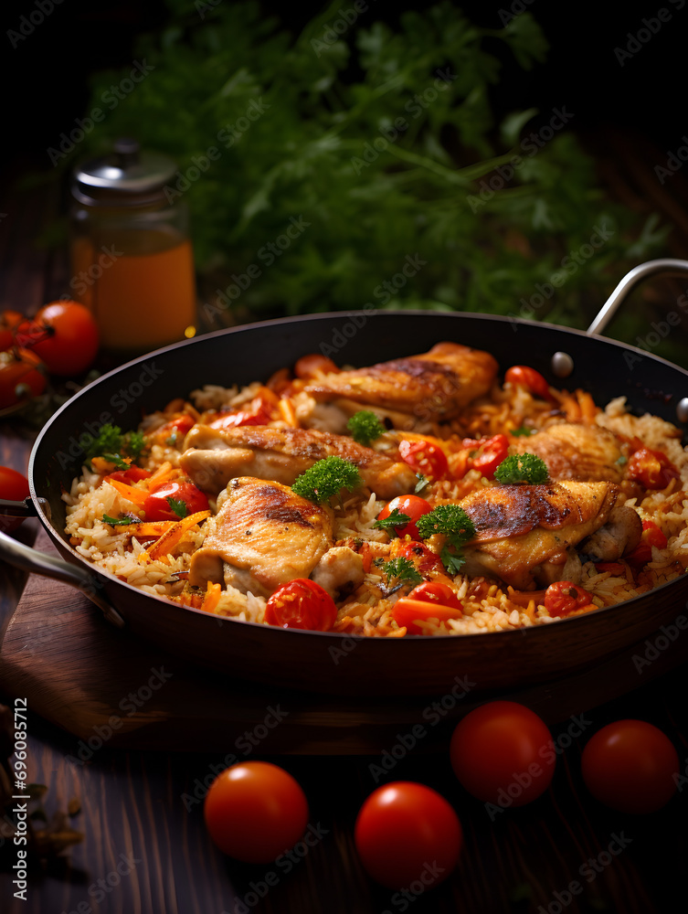 Close up of one pan chicken and rice dish with fresh tomatoes on top