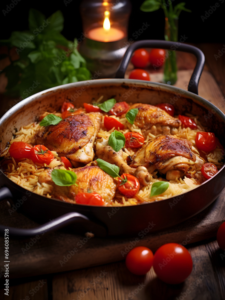 Fototapeta premium One pan chicken and rice dish with fresh tomatoes, dark blurred background