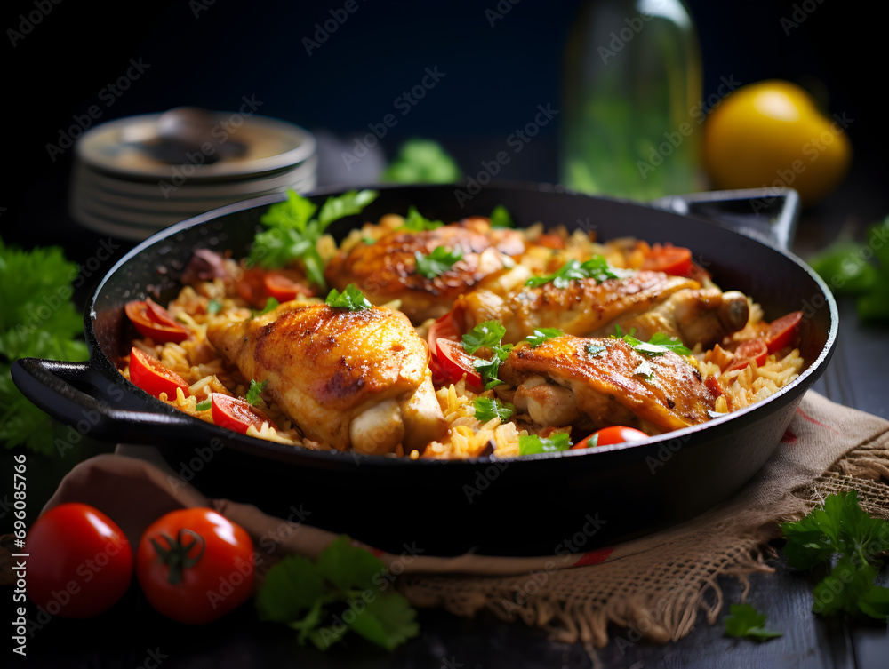 One pan chicken and rice dish with fresh parsley on top, dark blurred background	