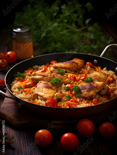 Close up of one pan chicken and rice dish with fresh tomatoes on top