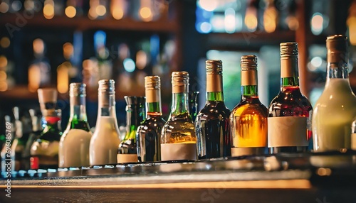 bottles sitting on shelf in a bar photo