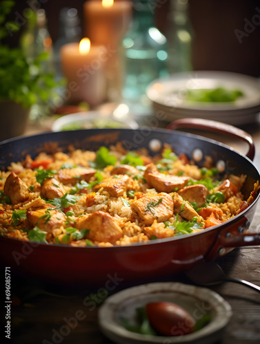 One pan chicken and rice dish with fresh parsley on top, dark blurred background 