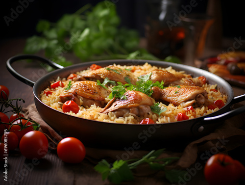 One pan chicken and rice dish with vegetables  wooden table and blurred background