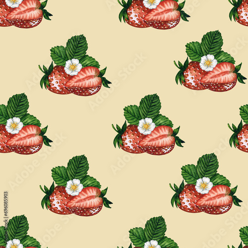 Fototapeta Naklejka Na Ścianę i Meble -  Seamless pattern with fresh and juicy strawberries beige background, hand drawn watercolor illustration. Ideal for background, fabric and textile, postcard, packaging, scrapbooking.