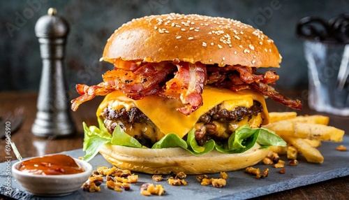 juicy gourmet cheeseburger with melted pepper jack and strips of crispy bacon photo