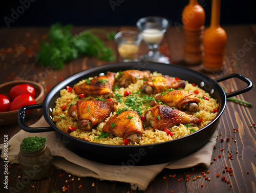 One pan chicken and rice dish with fresh parsley on top, dark blurred background	