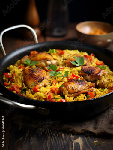 One pan chicken and rice dish with fresh parsley on top, dark blurred background  