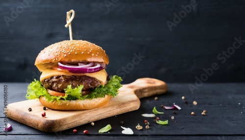 tasty grilled beef burger with lettuce cheese and onion served on cutting board on a black wooden table with copyspace
