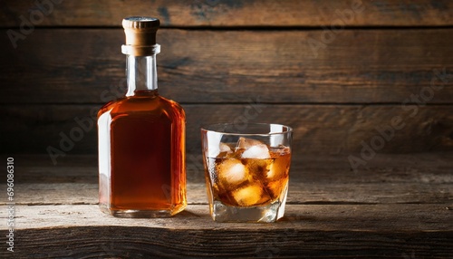 bottle and glass of whiskey with ice on a wooden background photo