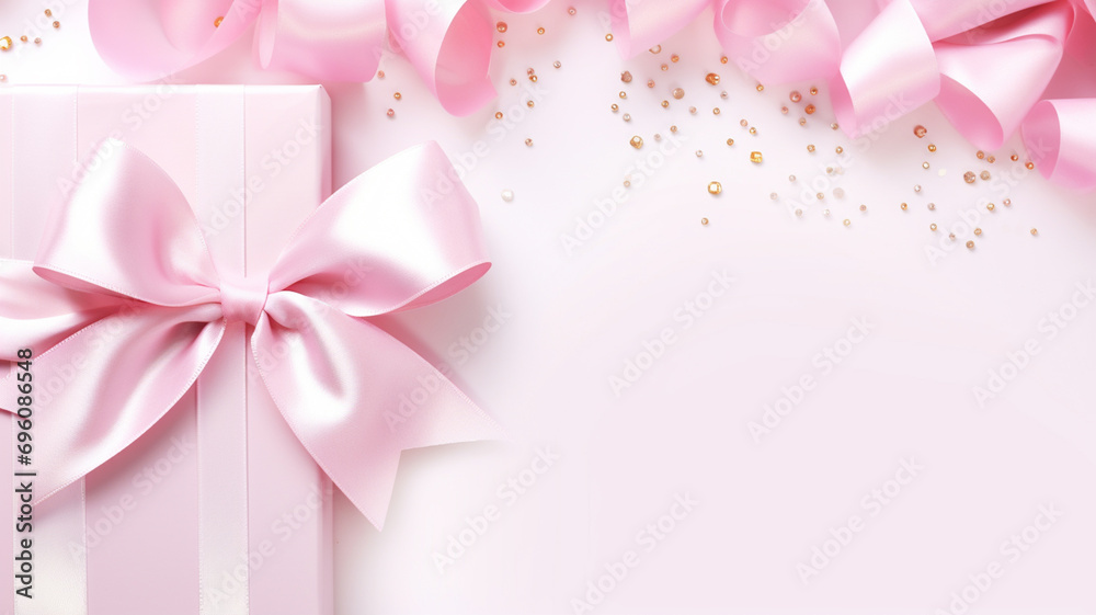 Pink gift boxes and rose flowers on pinkish romantic flat lay background. Happy Valentine's day, Mother's Day or birthday concept Pink gift boxes and rose flowers on pinkish romantic flat lay background. Happy Valentine's day, Mother's Day or birthday concept
