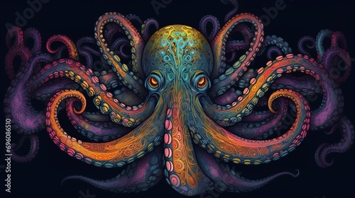 Illustration of abstract octopus in psychedelic colors. photo