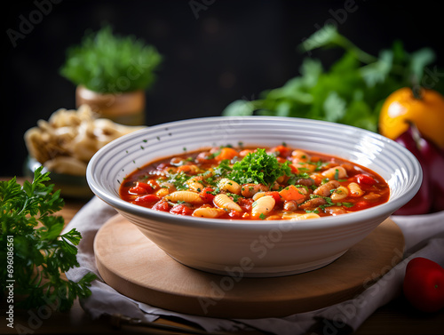 Delicious fagioli pasta soup in a white bowl on wooden table, blurry background