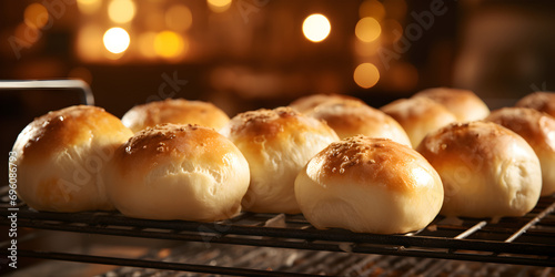 Close up of fresh baked dinner roll buns on a baking rack, blurry background	 photo