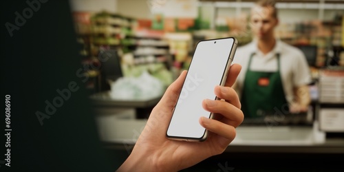 Caucasian male using his smartphone during shopping in the supermarket