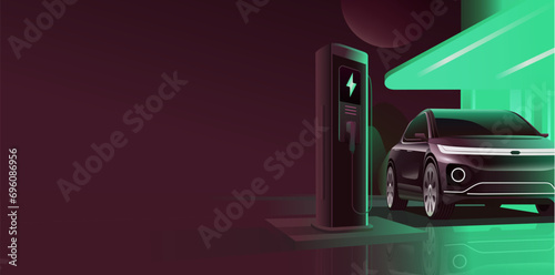 EV charge station for electric car in concept of green, Realistic vector electromobile charging station, renewable energy and eco power produced from sustainable source, Alternative fuel