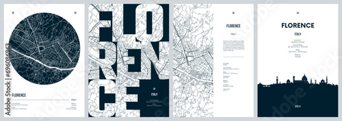 Set of travel posters with Florence, detailed urban street plan city map, Silhouette city skyline, vector artwork