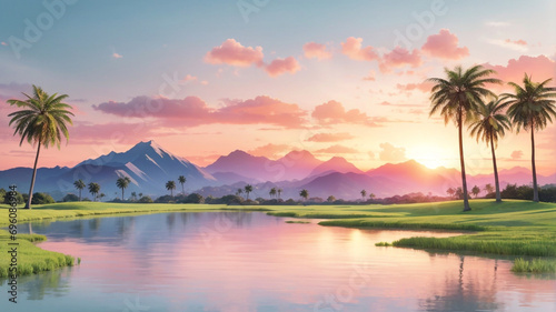  Tropical Twilight: Sunset Landscape with Palm Trees and Mountains