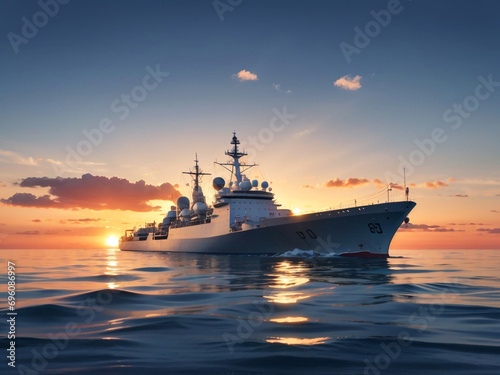  Crimson Horizon: Sunset over a Navy Ship on the Open Sea - 3D Rendering © niji