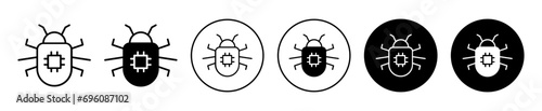 Computer bug icon. cyber security antivirus software bug being attack by online digital hacker using spyware technology symbol. internet cyber computer bug virus or malware vector set