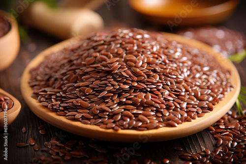 flax seeds in wooden bowl on the table photo