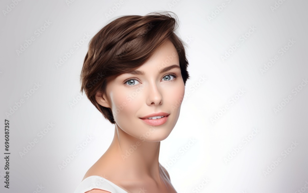 Close up photography perfect beauty face of happy young beautiful woman face and positivity with short hair. skin copy space for your advertisement, Facial skincare concept. Generative ai Close up photography perfect beauty face of happy young beautiful woman face and positivity with short hair. skin copy space for your advertisement, Facial skincare concept. Generative ai