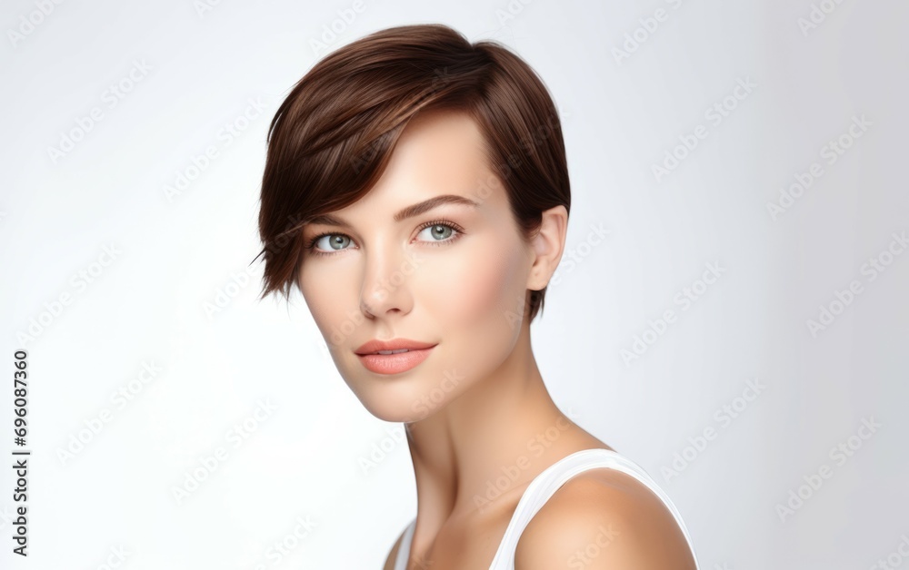 Close up photography perfect beauty face of happy young beautiful woman face and positivity with short hair. skin copy space for your advertisement, Facial skincare concept. Generative ai Close up photography perfect beauty face of happy young beautiful woman face and positivity with short hair. skin copy space for your advertisement, Facial skincare concept. Generative ai