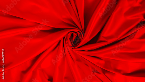 Red silk or satin luxury fabric texture on white background. Top view.