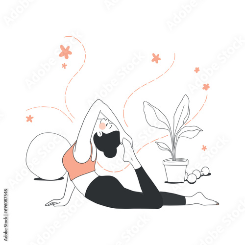 Young woman in sportswear sport exercise at home. Female doing workout indoor. Yoga and fitness, healthy lifestyle. Flat vector illustration isolated on white.