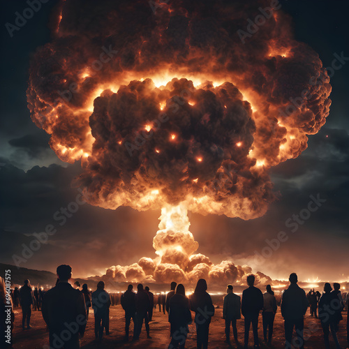Large crowd looking at big nuclear explosion at night