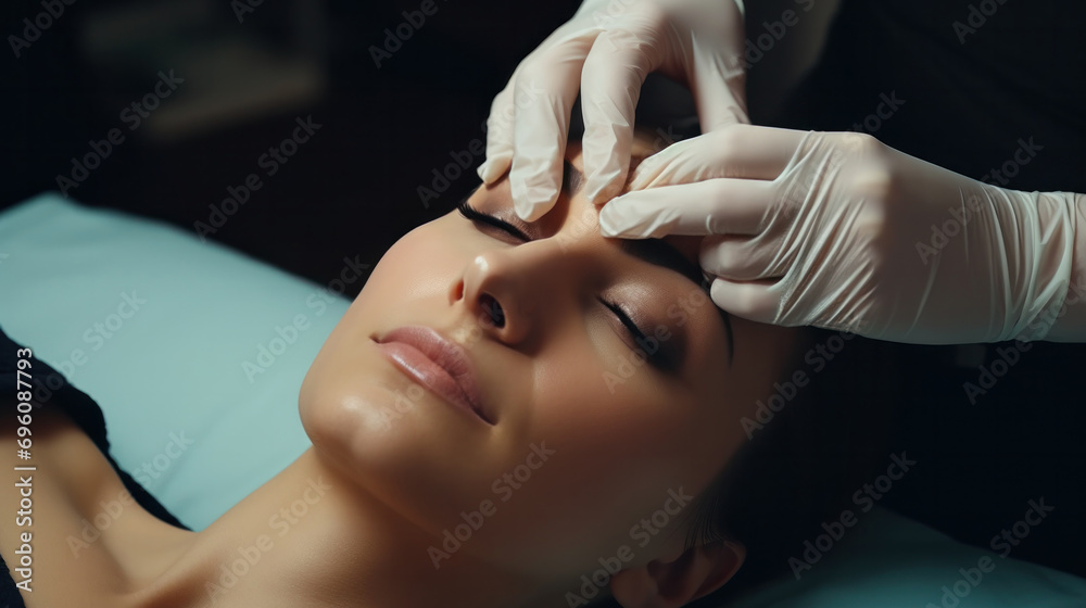 Cosmetic surgery, beauty, Surgeon or beautician touching woman face, surgical procedure that involve altering shape of eye, medical assistance, eyelid surgery, double eyelid, big eyes, ptosis - obrazy, fototapety, plakaty 