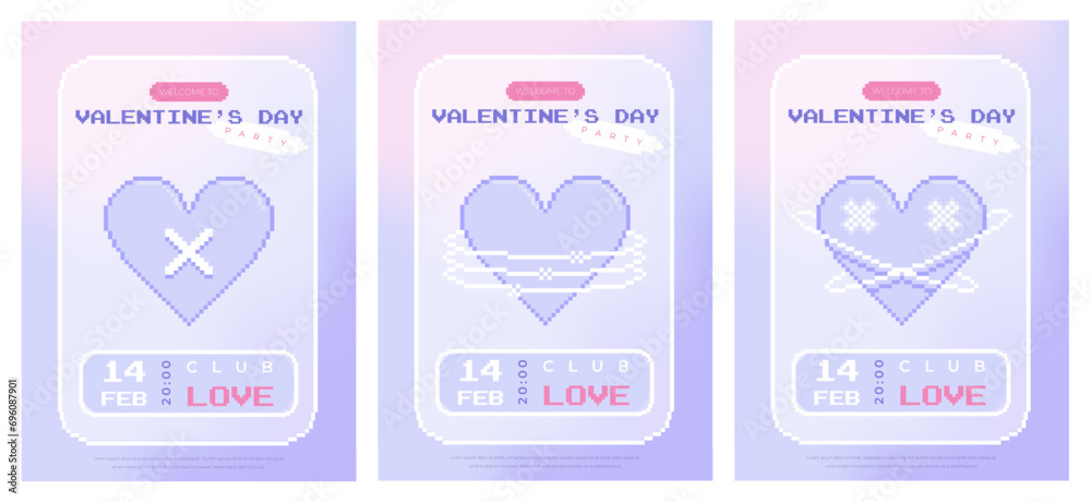 Modern y2k pixel design Valentine's Day party invitation and poster set. Trendy aesthetic minimalist vector illustrations with pixel hearts, abstract shapes, gradient and typography.