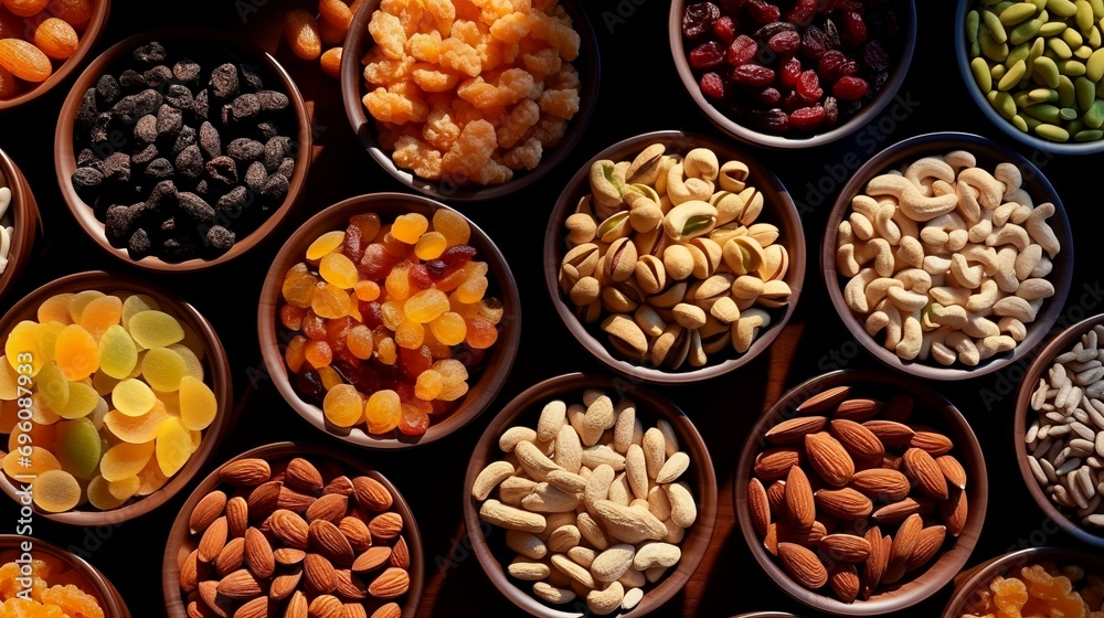 Assortment of dried fruits and nuts in bowls on dark background, top view Assortment of dried fruits and nuts in bowls on dark background, top view