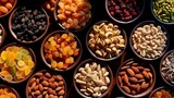 Assortment of dried fruits and nuts in bowls on dark background, top view