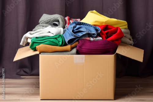 Clothes donation. Box of use old cloth. Preparing garment at home before donate. Generative AI