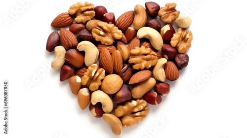 Nuts in heart shape on white background. Healthy food concept.