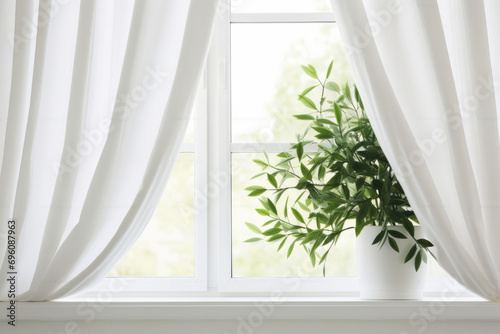 Green indoor plant by the window with a translucent white curtain. Generative AI