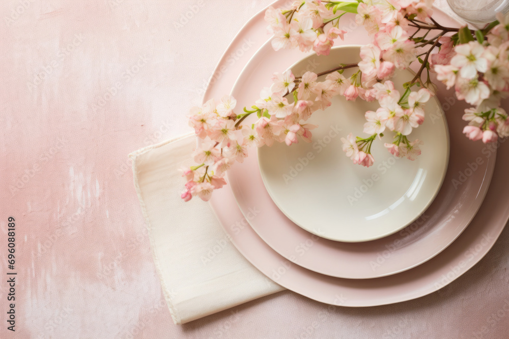 A table setting with a warm and inviting atmosphere. Beautiful romantic elegant floral decor in pink colors. Generative AI