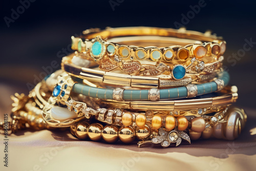 Stack of colorful bracelets adorned with charms. Generative AI