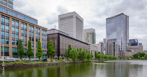 Skyscrapers of Marunouchi and Imperial Palace moat  Tokyo  Japan.